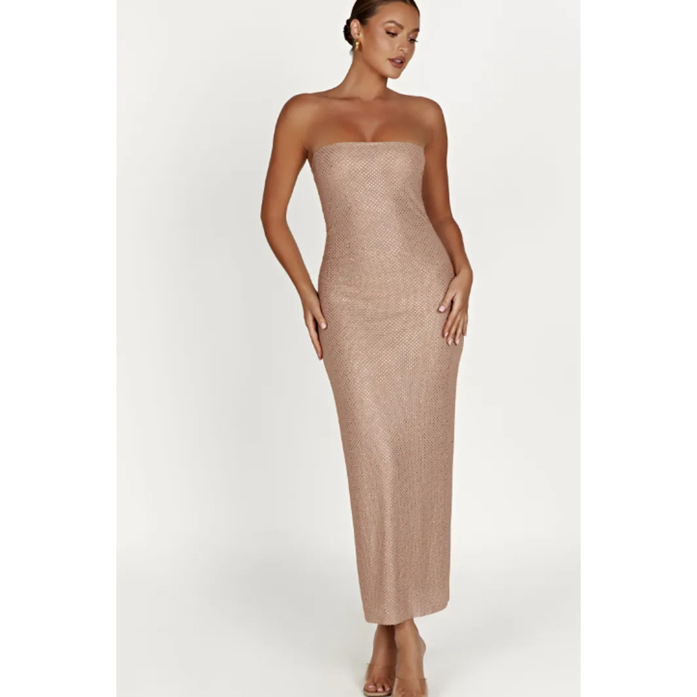 NEW Meshki Waverly Strapless Diamante Midi Dress Size Medium Nude Party Sparkles